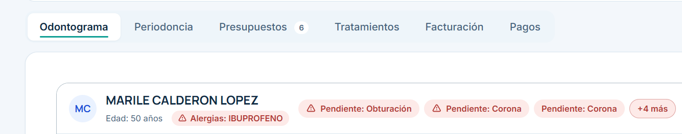 Ficha de paciente de DentiLaft con accesos a odontograma, periodoncia, presupuestos, tratamientos, facturacion y pagos